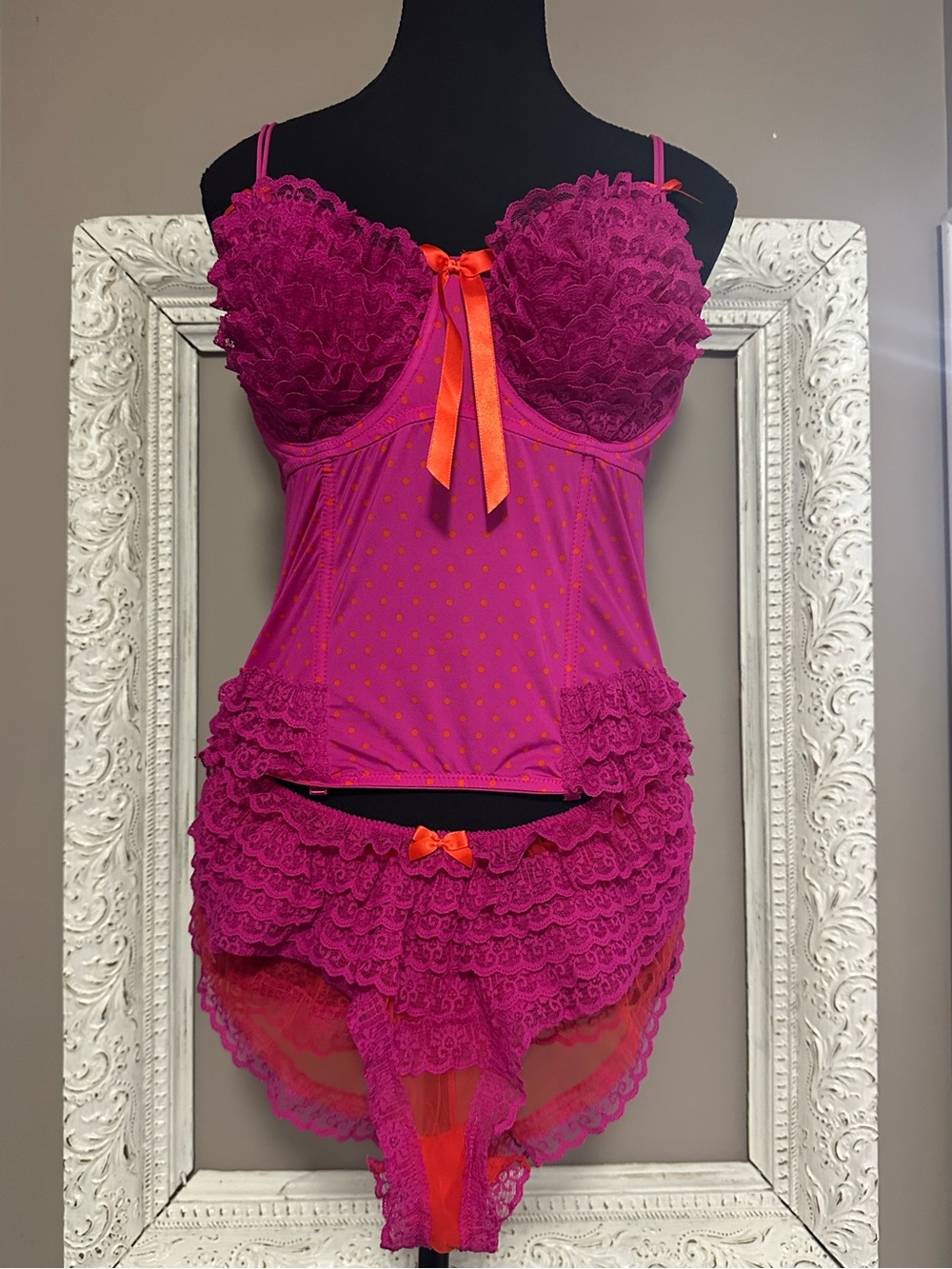 Y2K Love La Senza Pink Orange Polka Dot Lace Ruffle Corset Bustier Panty Set XL